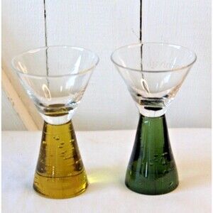 SET OF 2 CARNIVAL CRUISE LINE PEDESTAL STYLE 4" SHOT CORDIAL GLASS AMBER/GREEN
